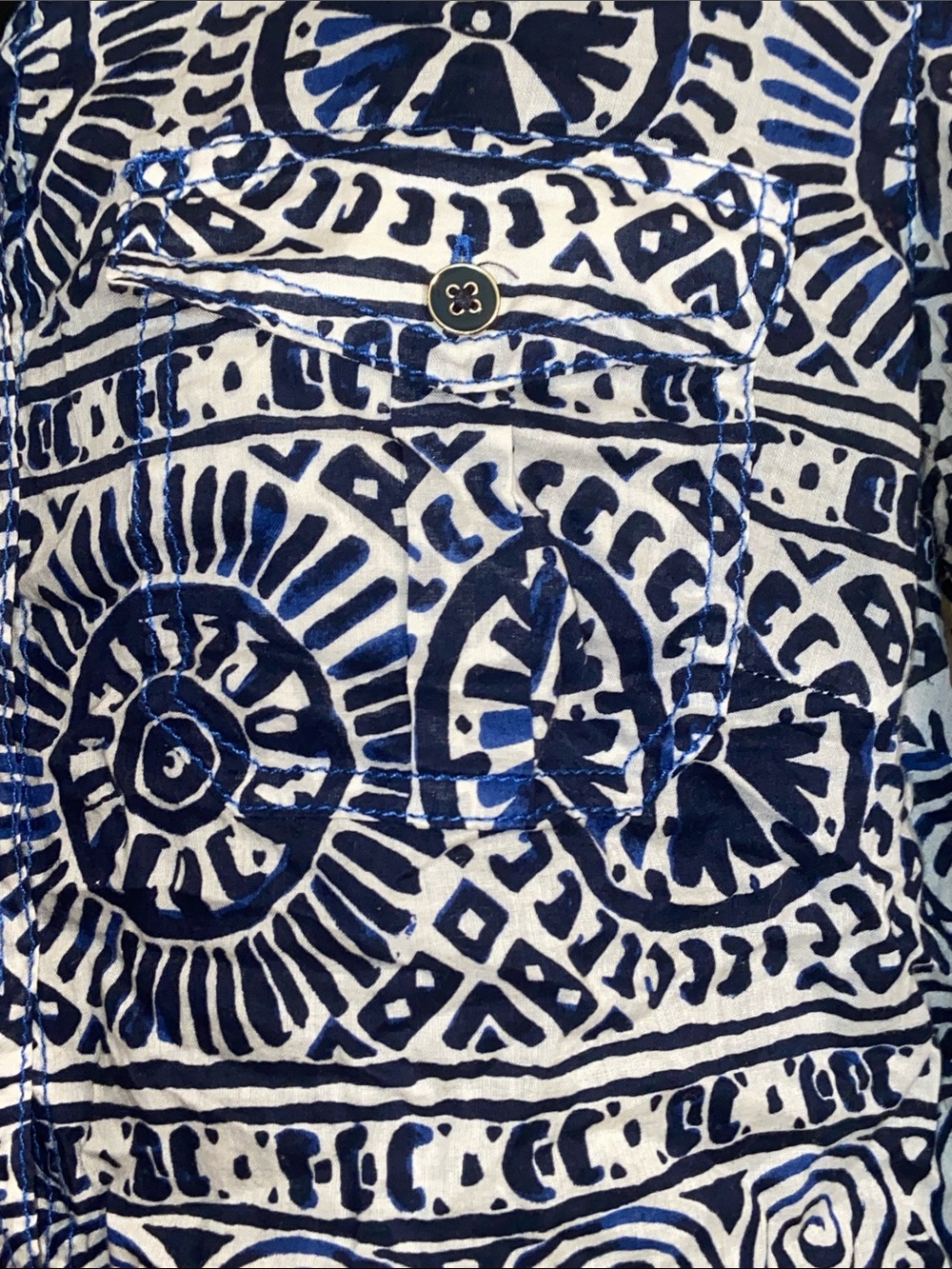 TORY BURCH GEO MEDALLION BUTTON DOWN SHIRT Navy Blue & Tan - Picture 2 of 7